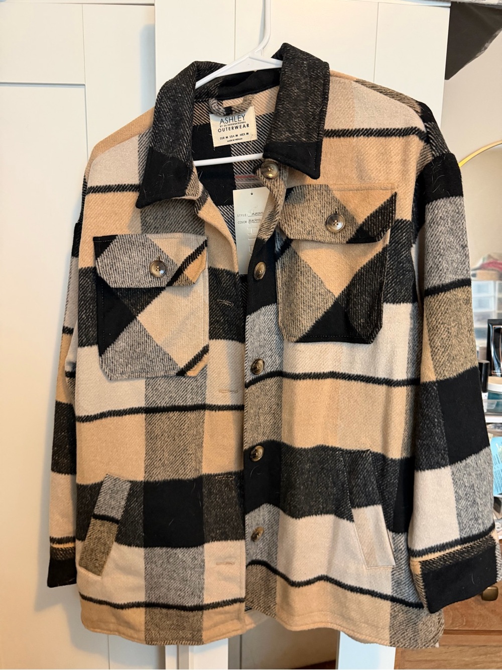 Ashley Outerwear Women's Plaid Button-Down Shacket - Black & Beige